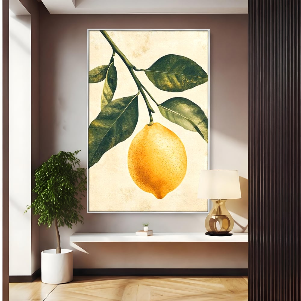 Tablou canvas cu ilustratie botanica cu lamaie si frunze, in rama de aluminiu argintiu